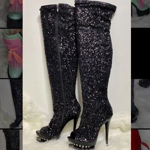 Pleaser Sequin Studded Black Thigh High Boots